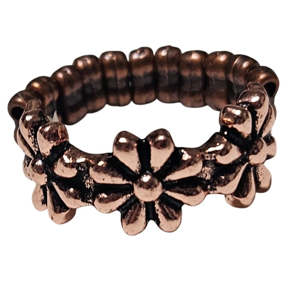 Retro Copper Flower Elastic Stretch Ring Boho 60s 70s Fashion Jewelry Women